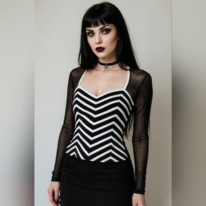 Vintage Laura Striped Corset Style Top Size 8 Mesh Sleeves Velvet Back Blouse